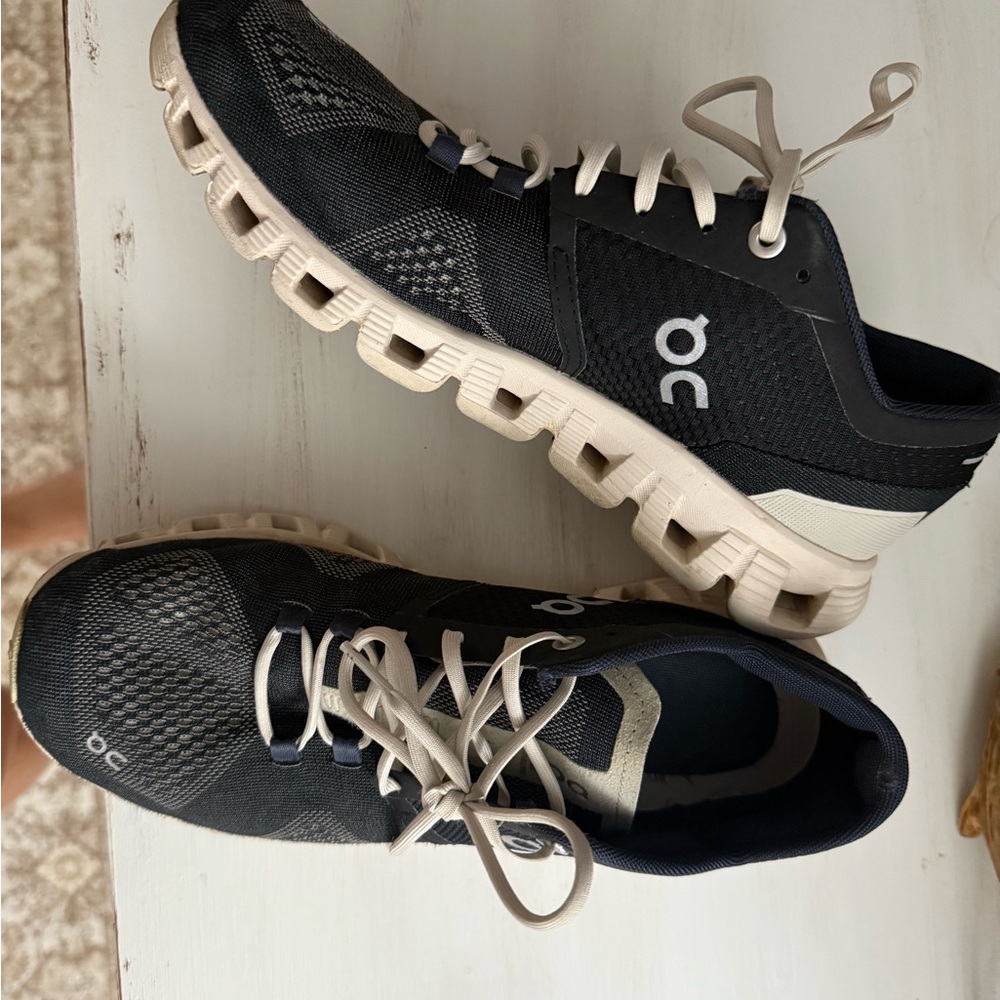 On Running Charcoal and Cream Athletic Shoes